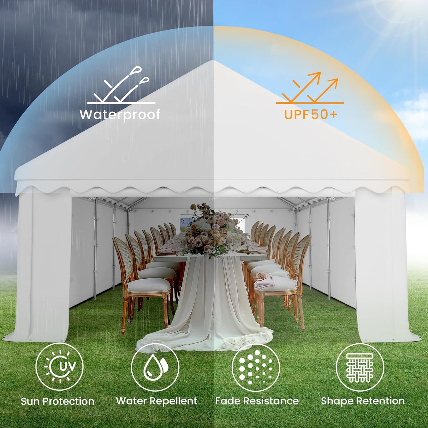 PHI VILLA 26'x16' Outdoor Heavy Duty Party Tent Large Commercial Canopy Wedding Event Shelter with Removable and Opaque Sidewalls for Patio Outdoor Garden Events, White