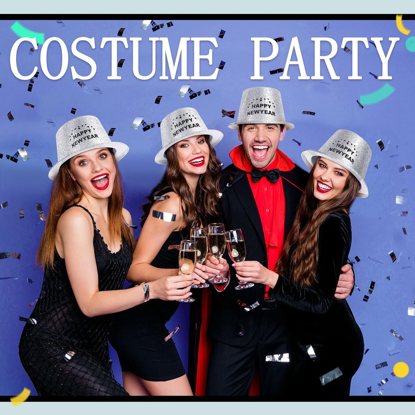 Hillban 12 Pcs Top Hats Halloween Glitter Plastic Retro Disco Party Hats for Halloween Magician Birthday Wedding Carnivals(Silver with Letter,Novel)