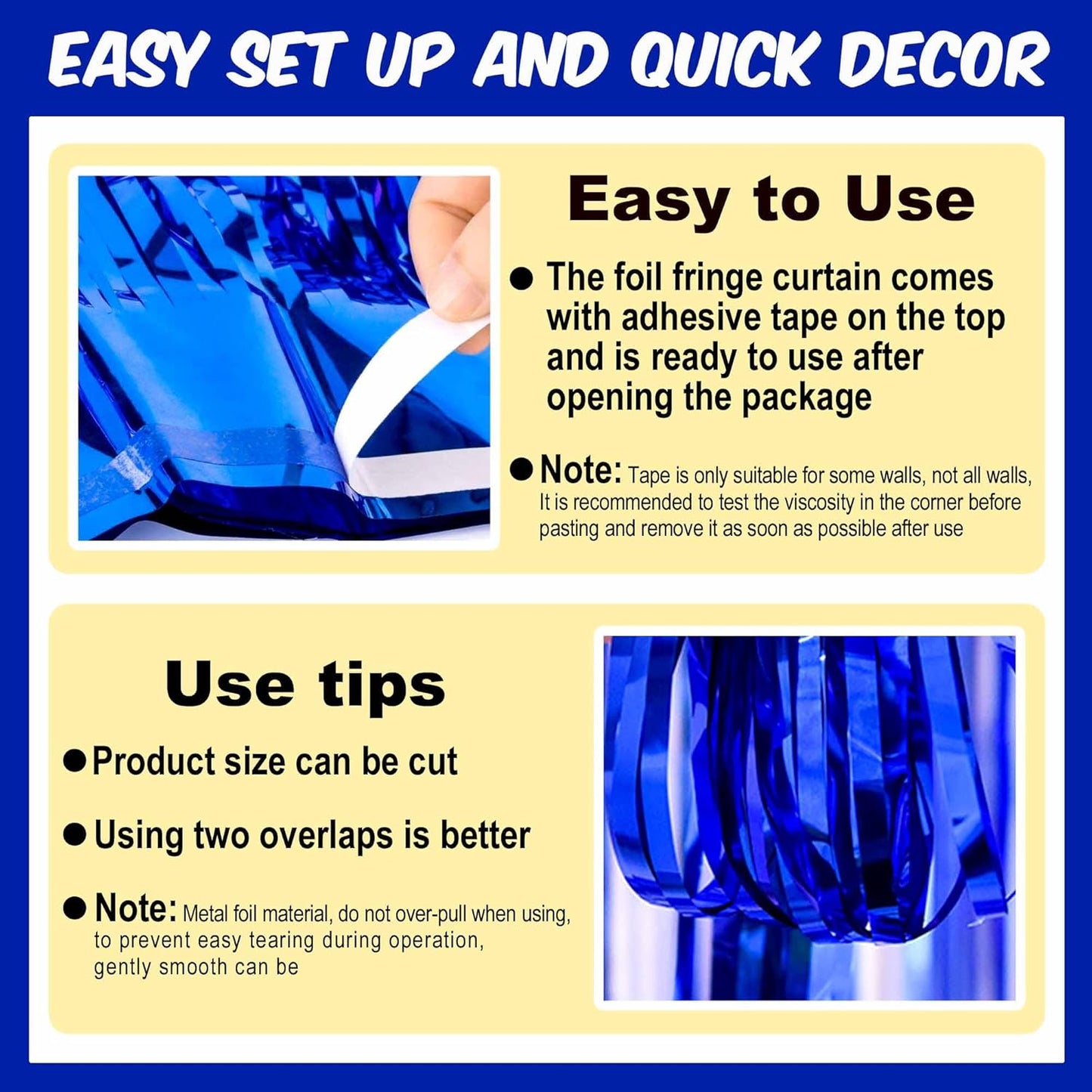 3 Pack Blue Foil Fringe Curtains Backdrop, 3.28 x 9.8 Ft Metallic Streamers Tinsel Curtains Background for Photo Booth, Birthday, Halloween, Christmas, Thanksgiving, New Year Party Decorations