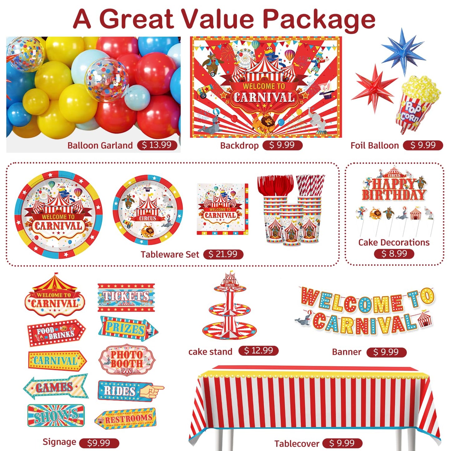 Cocomigo 302PCS Carnival Theme Party Decorations Circus Party Set Serves 25