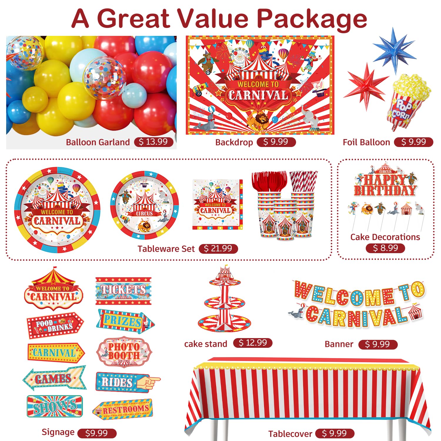 Cocomigo 302PCS Carnival Theme Party Decorations Circus Party Set Serves 25