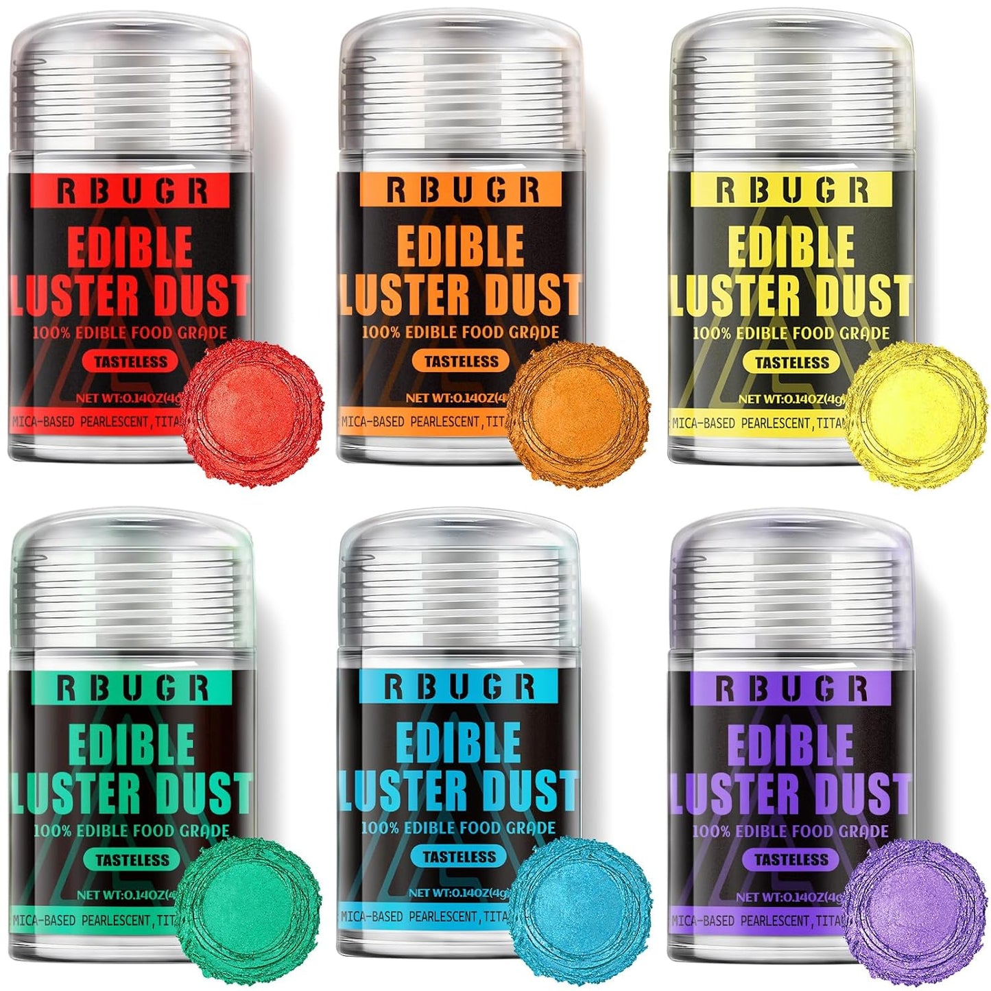 RBUGR Edible Glitter Set, 6 Colors Edible Luster Dust, Food Grade Drink Glitter Edible Dust, Sprinkles Cocktail Glitter, Shimmering Powder Glitter for Fondant, Candy, Vegan Cake Decorating（4g/0.14oz）