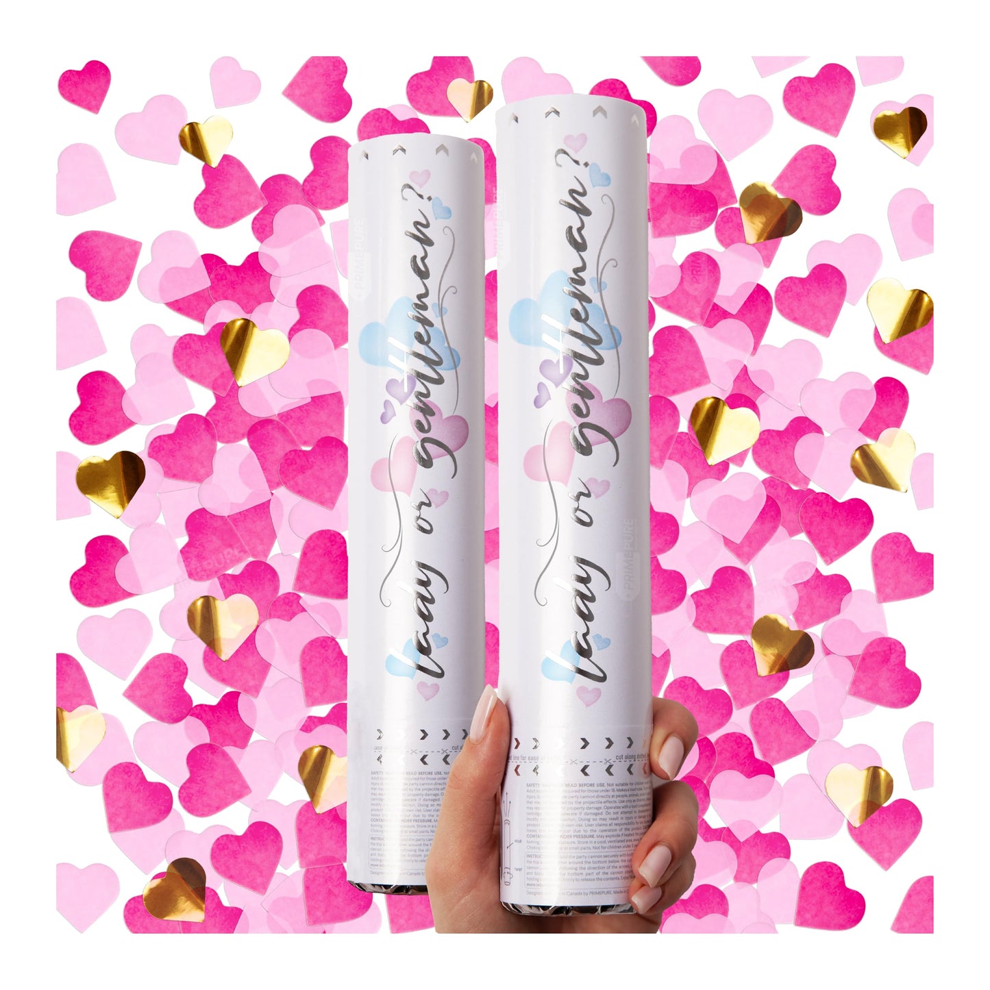 PrimePure Gender Reveal Confetti Cannon, Heart Shaped, Pink Paper, 2 Pack