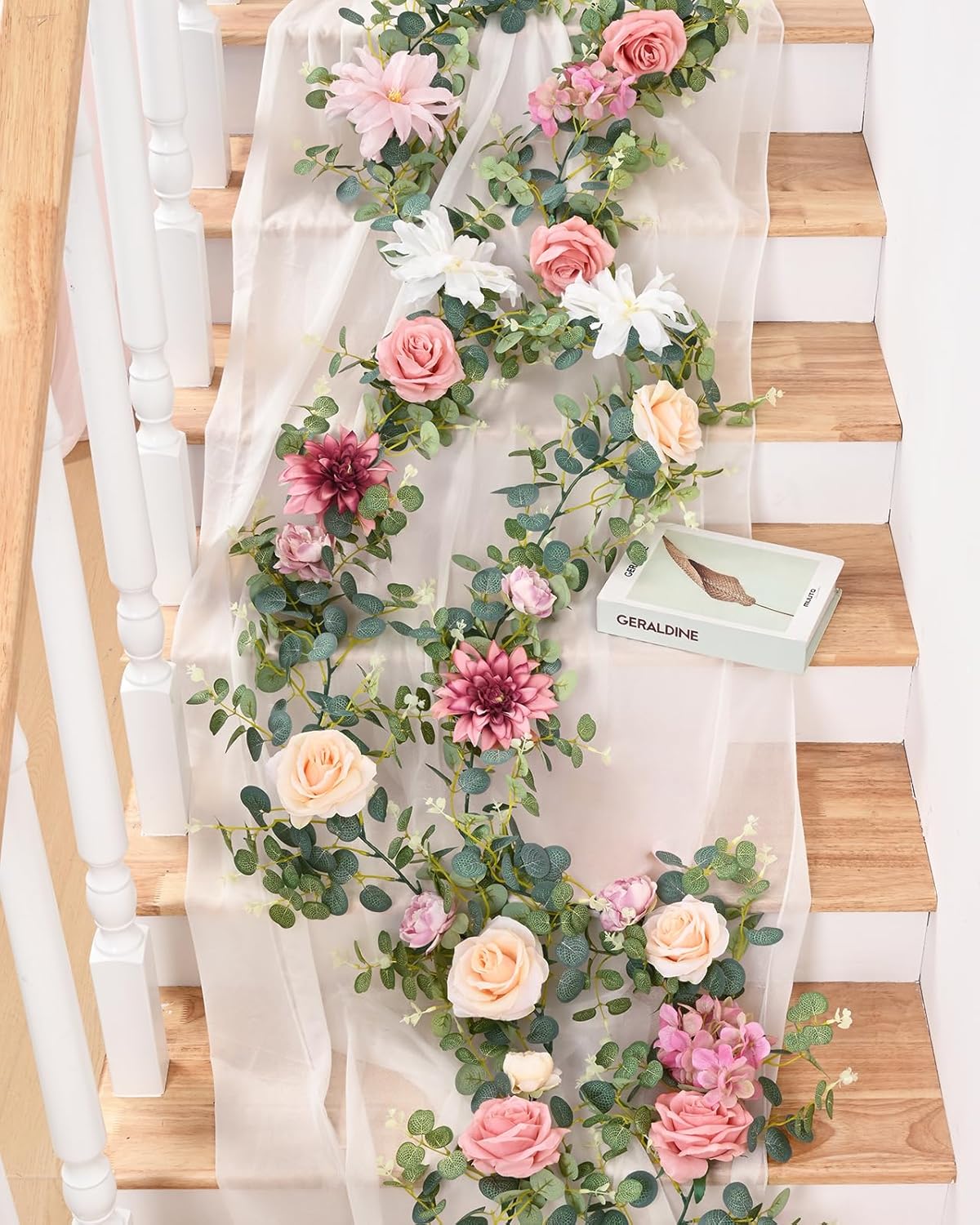Waipfaru 8.85Ft Flower Garland, Eucalyptus Greenery Garland with Flowers, Pink Rose Floral Vines for Wedding Reception Table Mantle Room Spring Summer Decor (Pink)