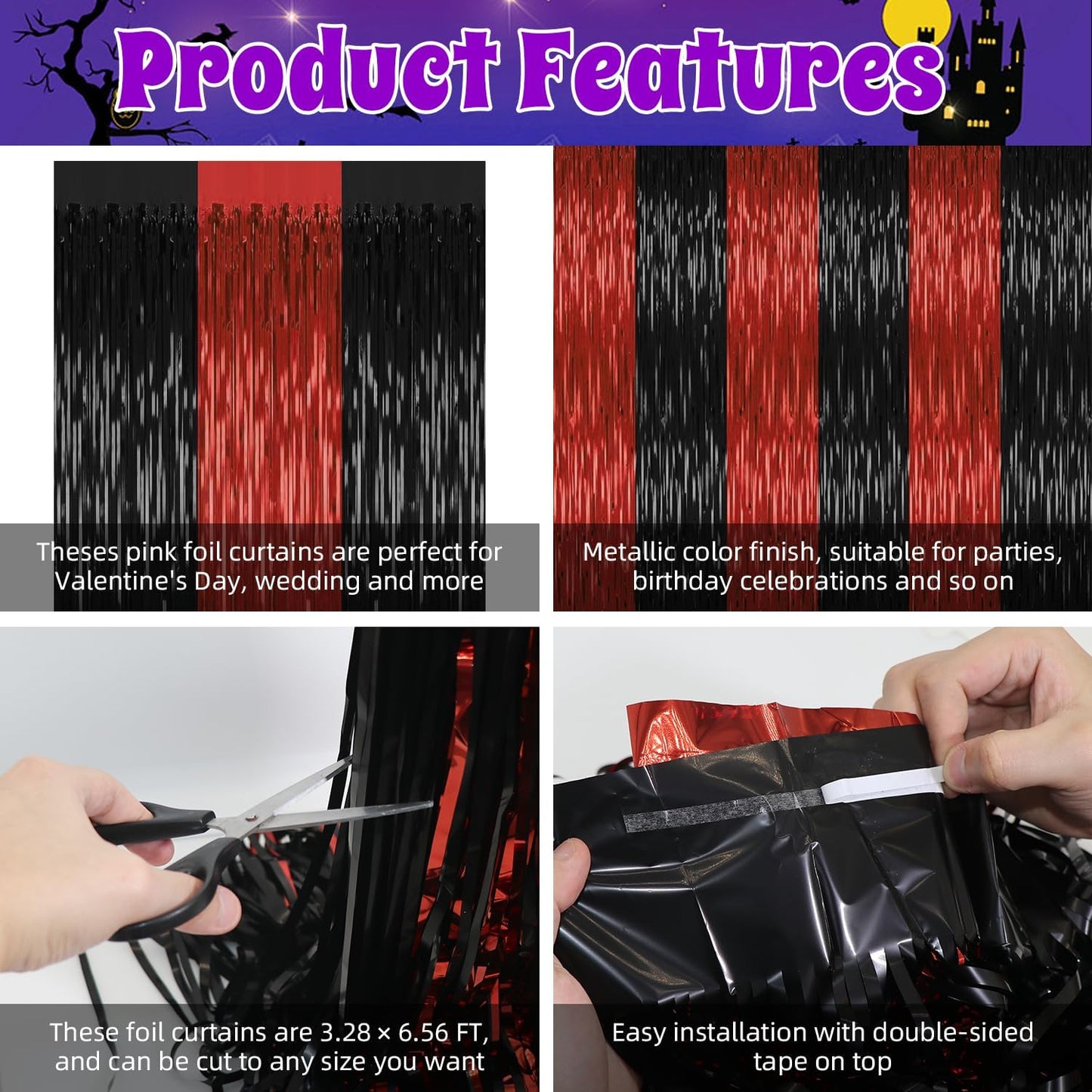 4 Pack Backdrop Curtains,3.28 Ft x 6.56 FT Red Black Halloween Backdrop,Metallic Party Streamer Tinsel Backdrop,Foil Curtains Backdrop Halloween Decorations Party Supplies