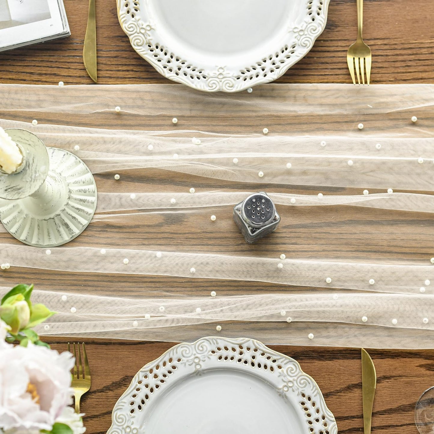 Artoid Mode Pearl Beige Gauze Table Runner 120 Inch 10FT, Seasonal Sheer Dining Holiday Wedding