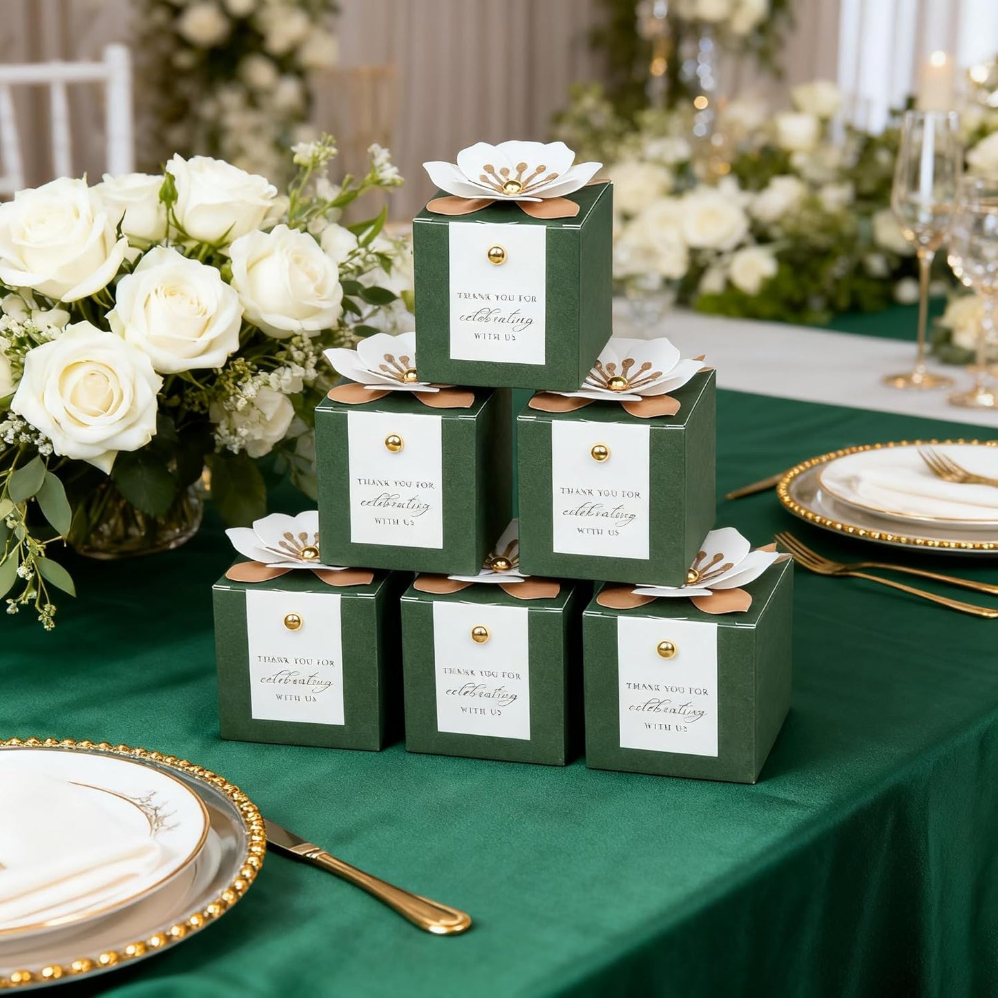 FEIYI 20 PCS Candy Boxes, 3 In 1 Olive Green Favor Boxes with Floral Decor, White Thank You Tags Gift wrapping for Wedding Birthday Baby Shower Decorations Party -2.55x2.55x2.55''