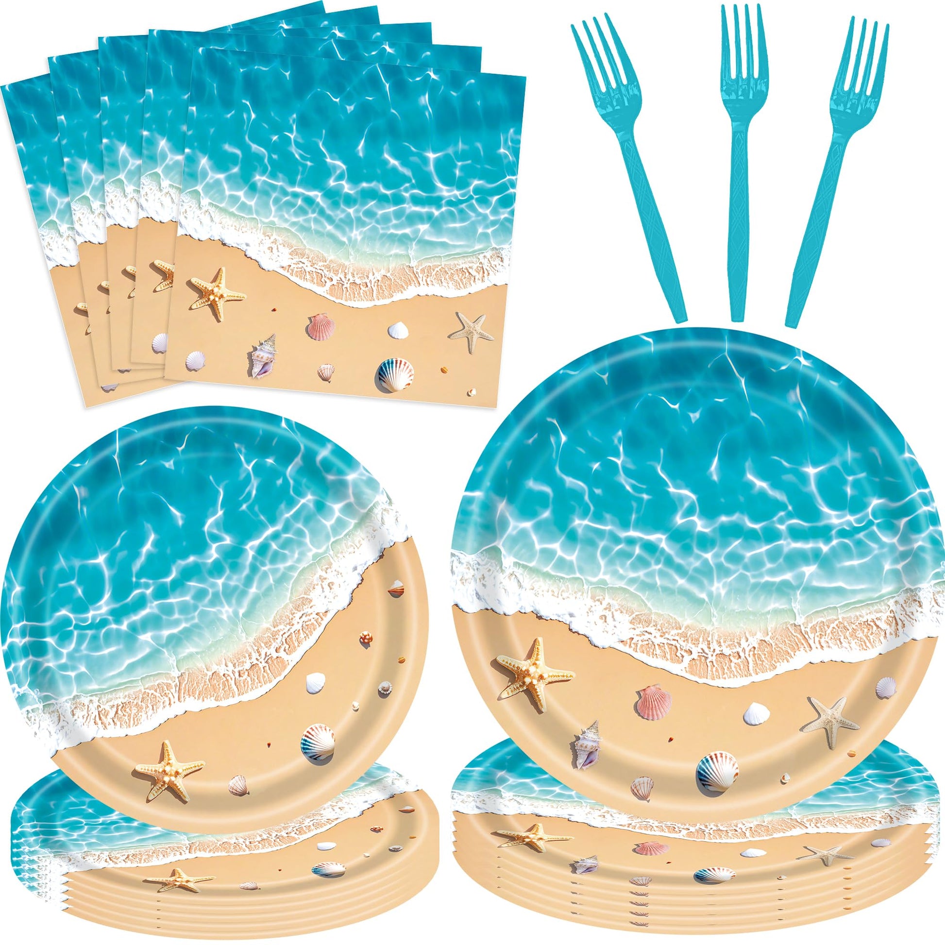 100 Pieces Beach Party Tableware Set – Ocean Wave Disposable Plates, Napkins and Forks, Seashell