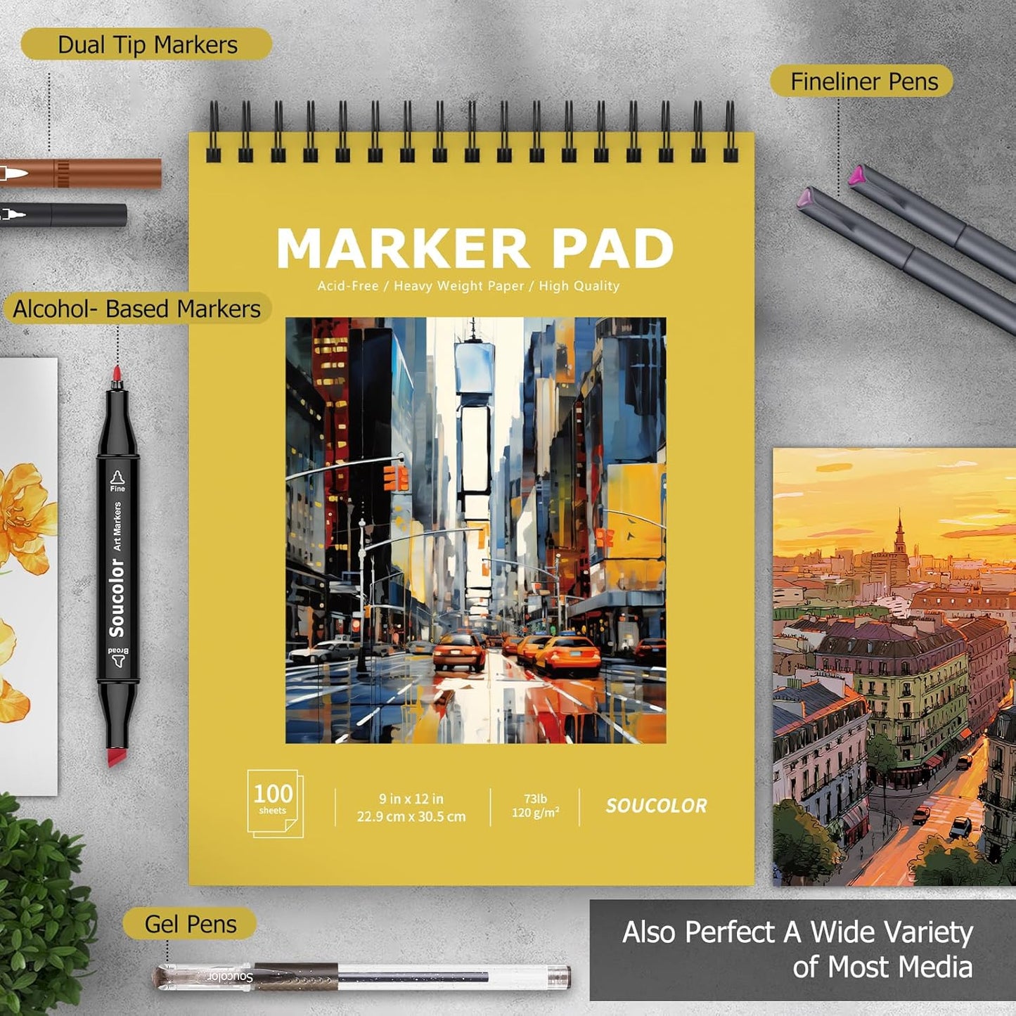 Soucolor 100 Sheets Marker Paper Pad, 9"x12" Bleedproof Art Sketch Pad, 73lb/120gsm Drawing Paper Spiral Sketch Book, Alcohol Marker Paper Painting Coloring Paper for Beginners, Artists, Kids