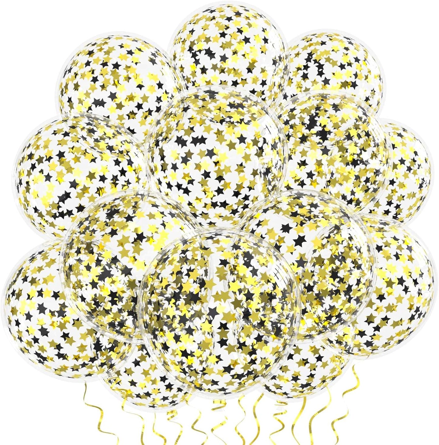 VHUWE 25 Pcs Black Gold Star Confetti Balloons, 12 Inch Clear Latex Balloon with Confetti Inside for Birthday Party Baby Shower Graduation Engagement Bridal Shower Decorations Supplies - Star Confetti
