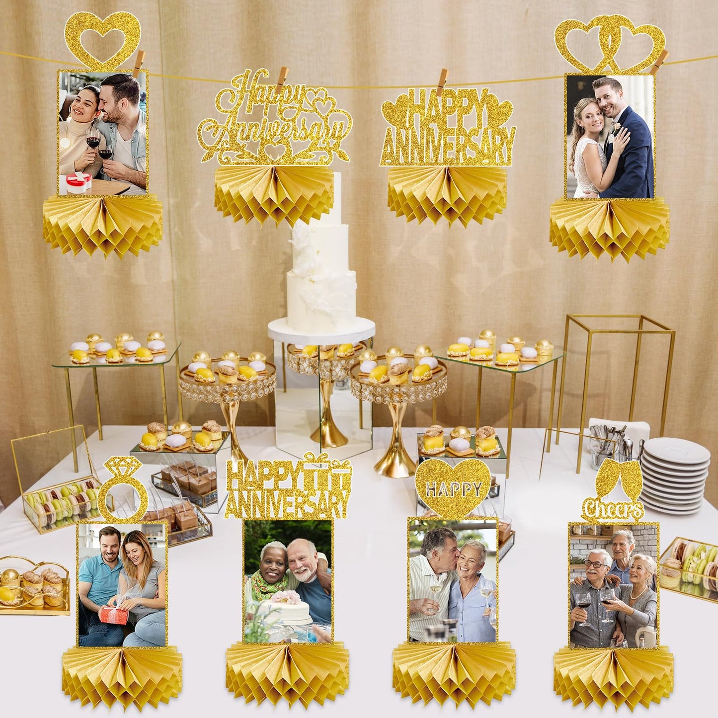 Eucutur Gold Happy Wedding Anniversary Decorations Photo Table Centerpiece