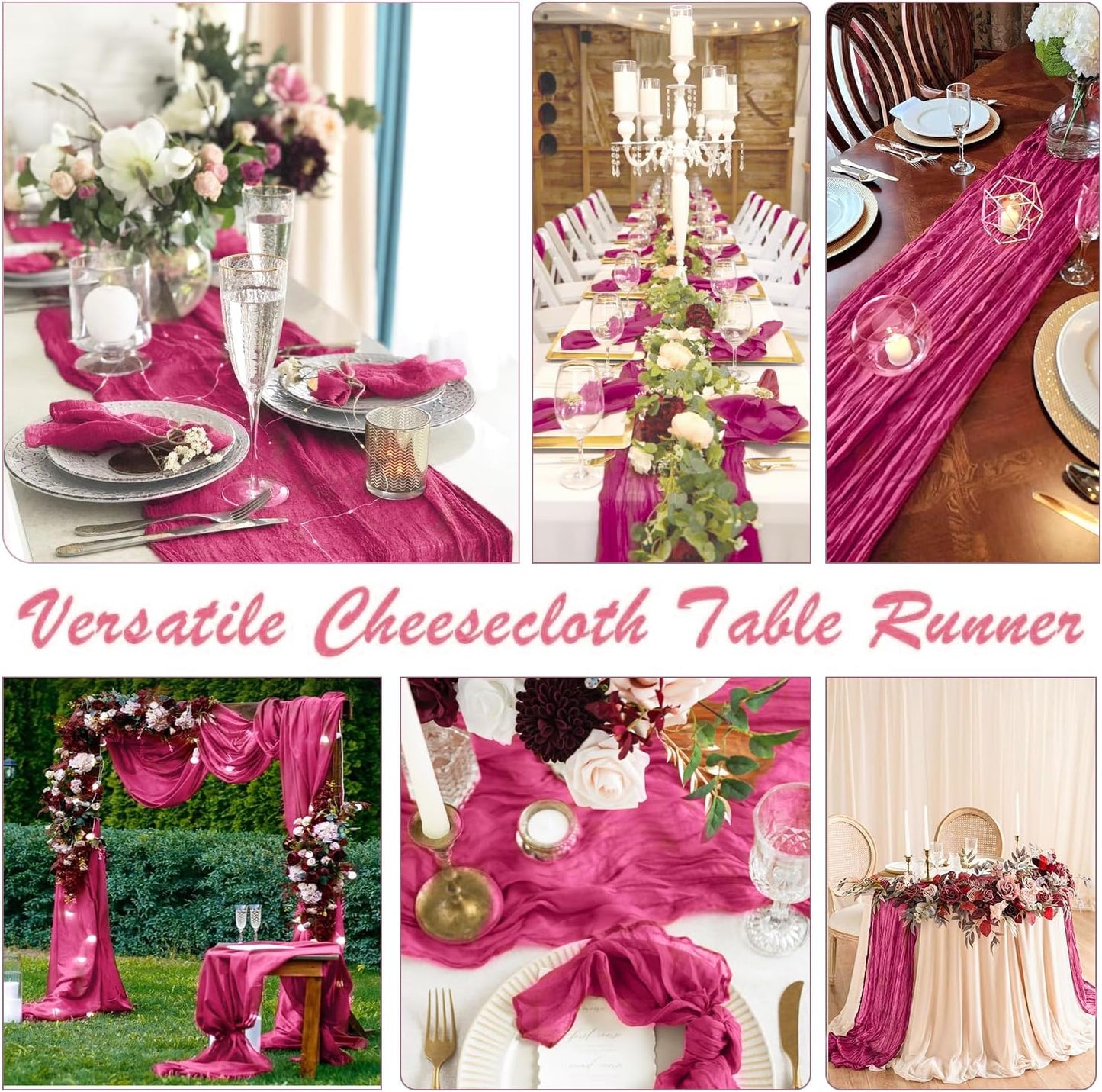 6 Pack Hot Pink Cheesecloth Table Runner Summer Sheer Fuschia Cheese Cloth Table Runner Boho Gauze 120 Inches Summer Table Decorations for Weddings Bridal Baby Shower Birthday Parties