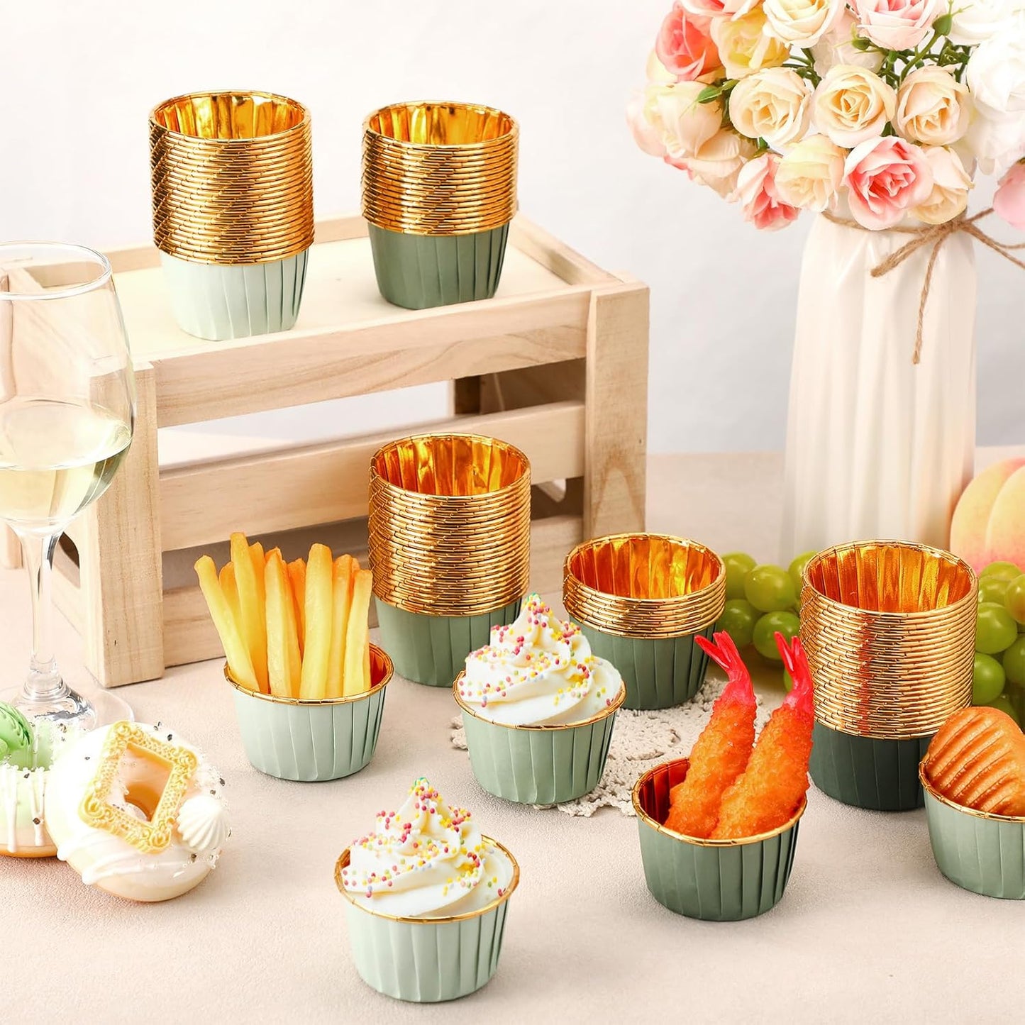 Geiserailie 100 Pcs Sage Green Cupcake Liners Gradient Green Cupcake Foil Wrappers Snack Bowls for Parties Wedding Bridal Shower Birthday Supplies