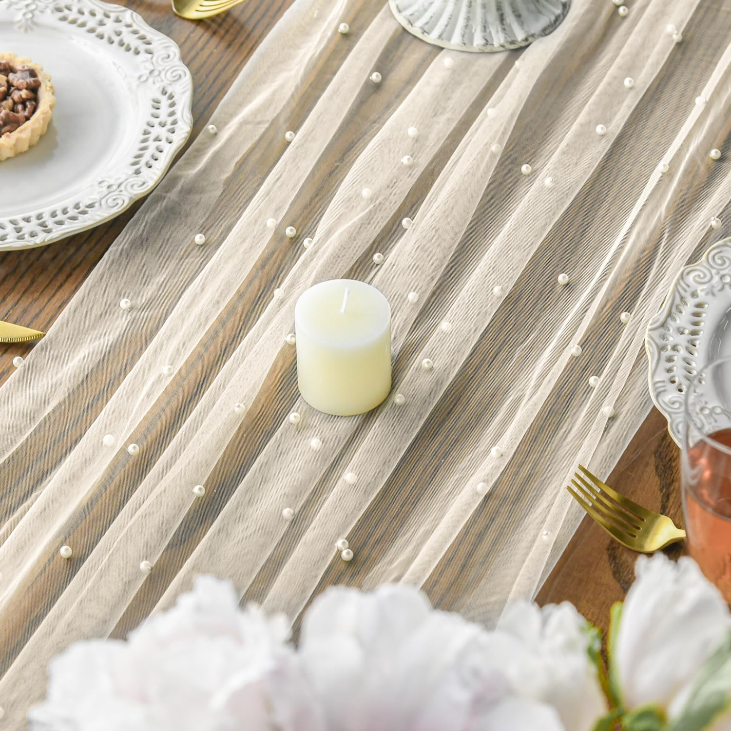 Artoid Mode Pearl Beige Gauze Table Runner 120 Inch 10FT, Seasonal Sheer Dining Holiday Wedding