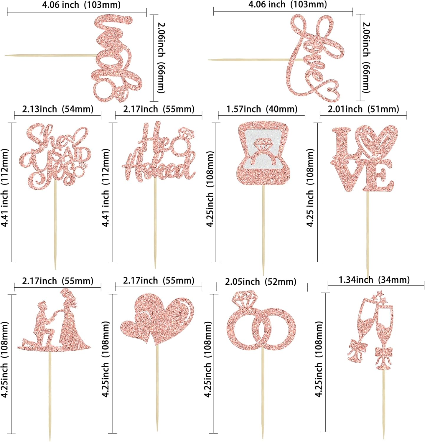 Ephlyn 30Pcs He Asked She Said Yes Cupcake Toppers Glitter Engagement Cupcake Toppers Diamond Ring Heart Love I Do Cupcake Picks for Engagement Wedding Party Cake Decorations Rose Gold