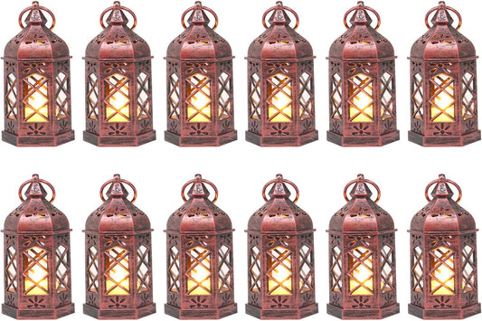 12PCS Mini Lantern with Flicker LED Candle for Halloween Decorations, Small Lanterns Decorative, Vintage Hanging Moroccan Lantern for Wedding Halloween Christmas Decor, Table Centerpiece, Rose Gold