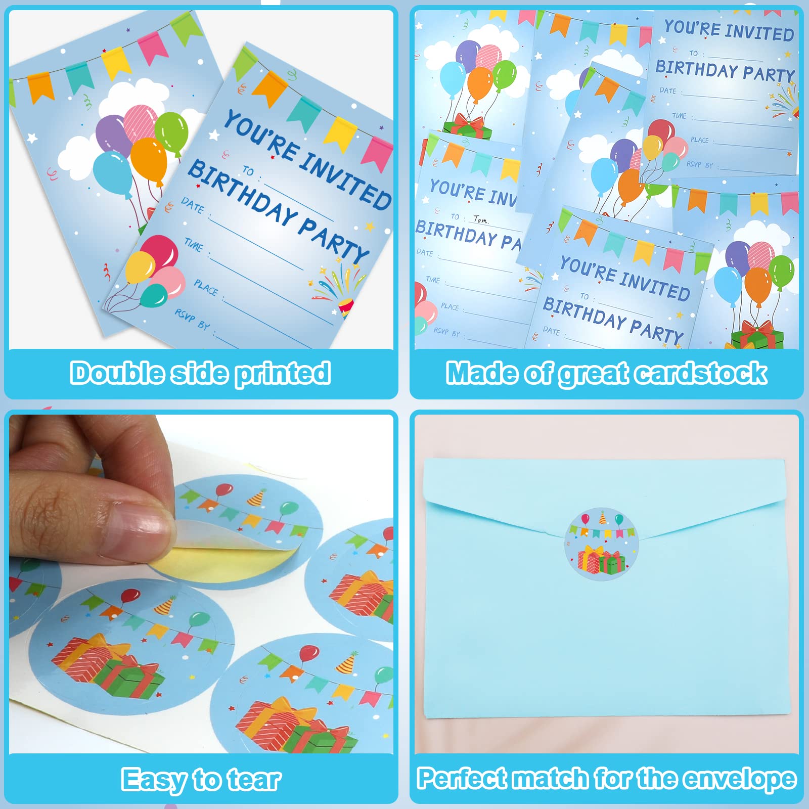 30 Pack Birthday Party Invitations Set Boys Girls Kids Invite Cards with Envelopes Printed Birthday
