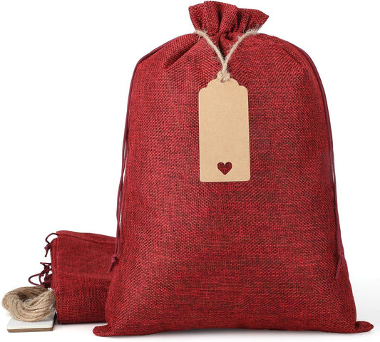 Tapleap Burlap Bags with Drawstring - 10Pcs 10x14 Red Gift Sacks for Wrapping Halloween Favors, Seeds, Root Ball, For Birthday, Wedding, Rustic Themed Party or Household Use