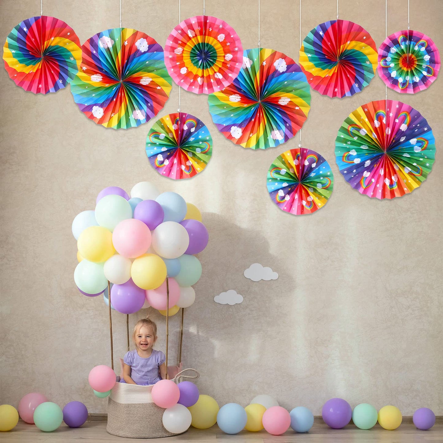 Outus 9 Pcs Rainbow Party Decorations Paper Fans Boho Classroom Bulletin Board Decor Ceiling Wall