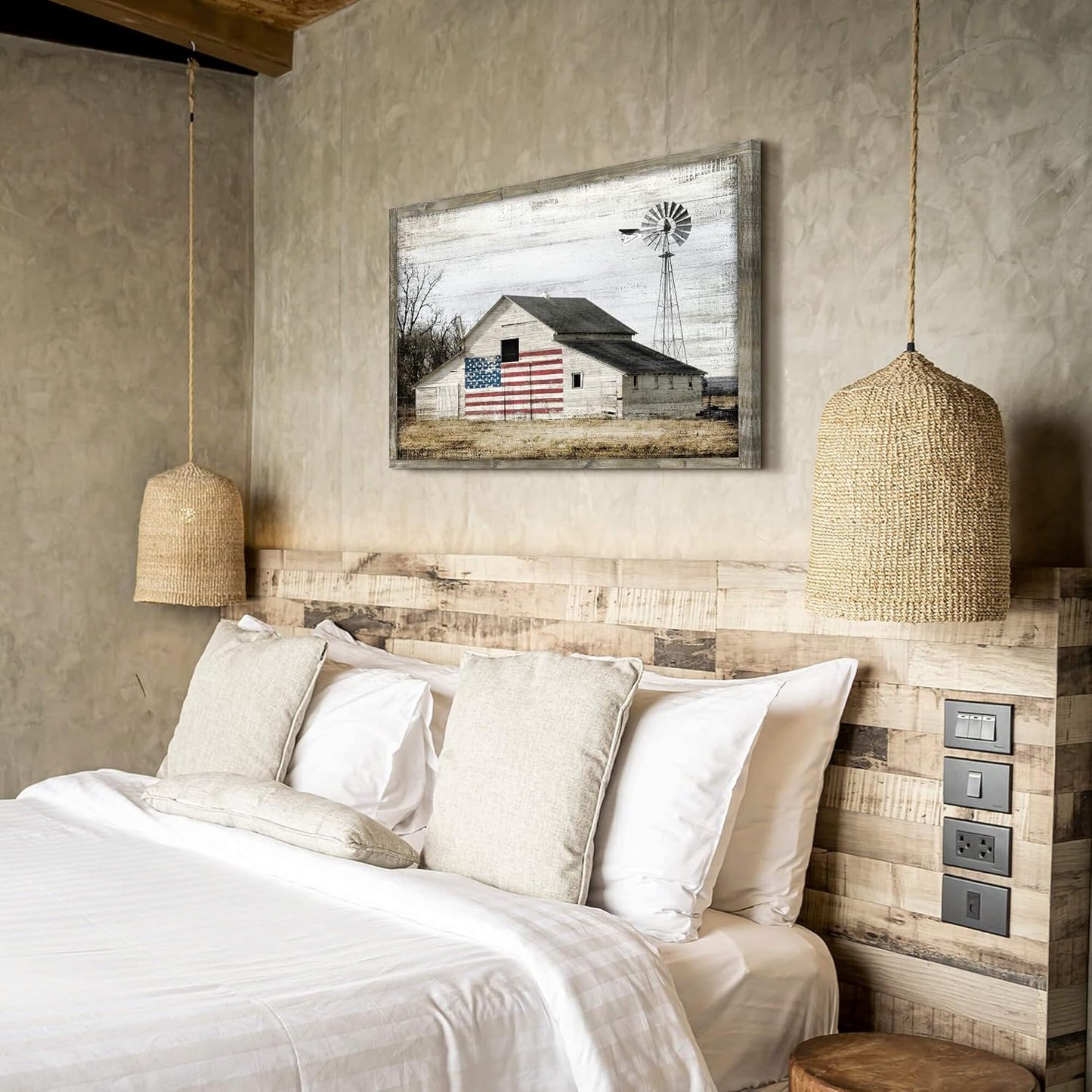 Rustic Landscape Wooden Picture Artwork - Neutral Color Barn with USA Flag Accent Windmill Painting Wall Art Framed