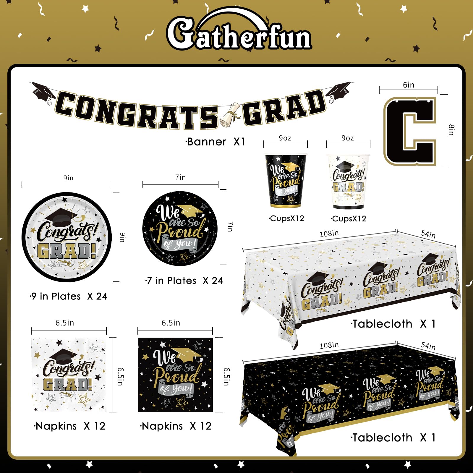 Graduation Decorations 2026 Black and Gold Grad Party Supplies with Disposable Plates, Napkins