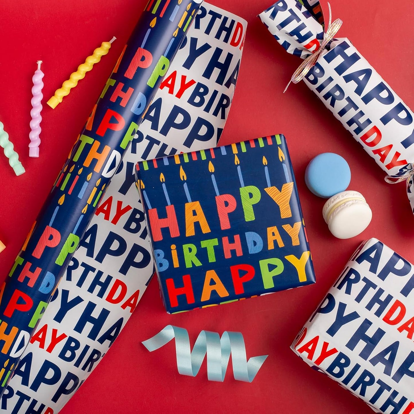 Yarcony Reversible Birthday Wrapping Paper Roll - 17 Inch X 16.5 Ft(23.4 Sq.Ft.Ttl) - Creative Colorful Happy Birthday Lettering & Candle Navy Blue Gift Wrap for Party, Baby Shower & Holiday