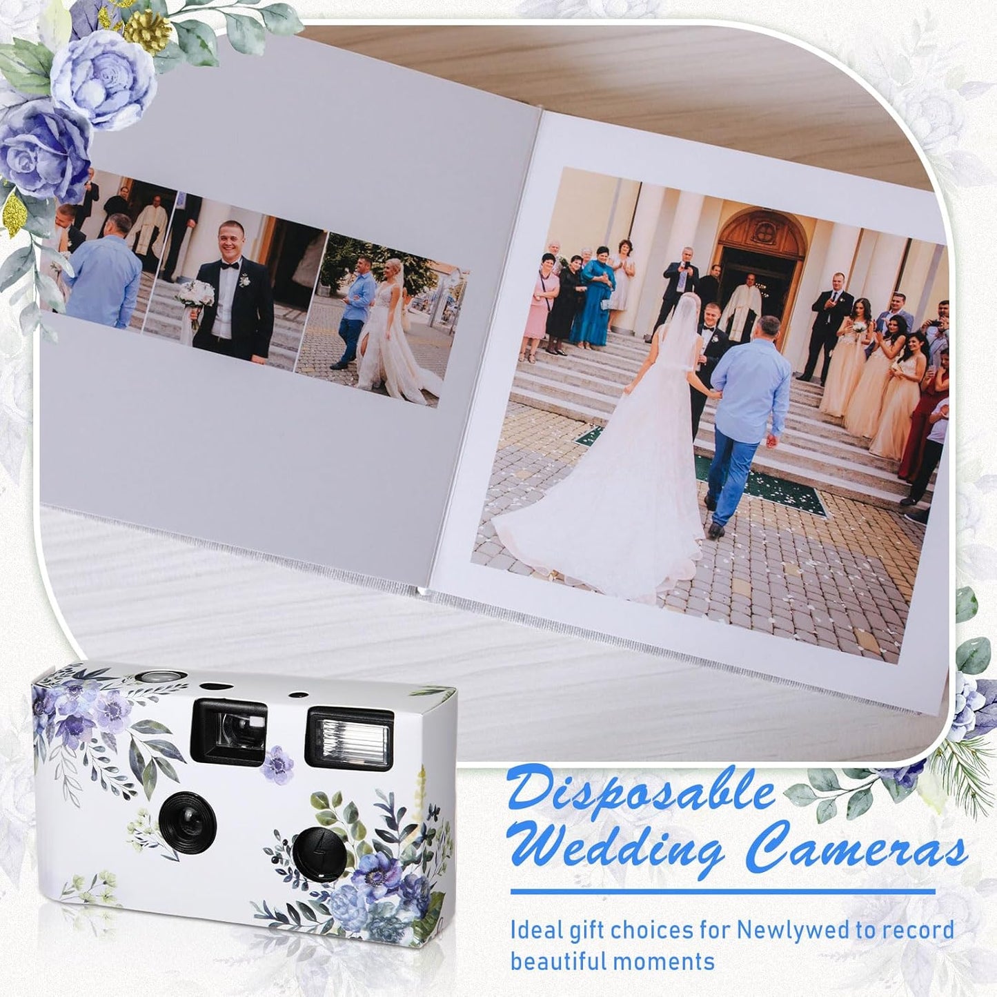 Kanayu 10 Pack Disposable Camera for Wedding Floral 35mm Single Use Film Camera with Flash One Time Use Camera for Anniversary Concert Travel Camp Party Supply Gift Honeymoon(Blue Poppy)