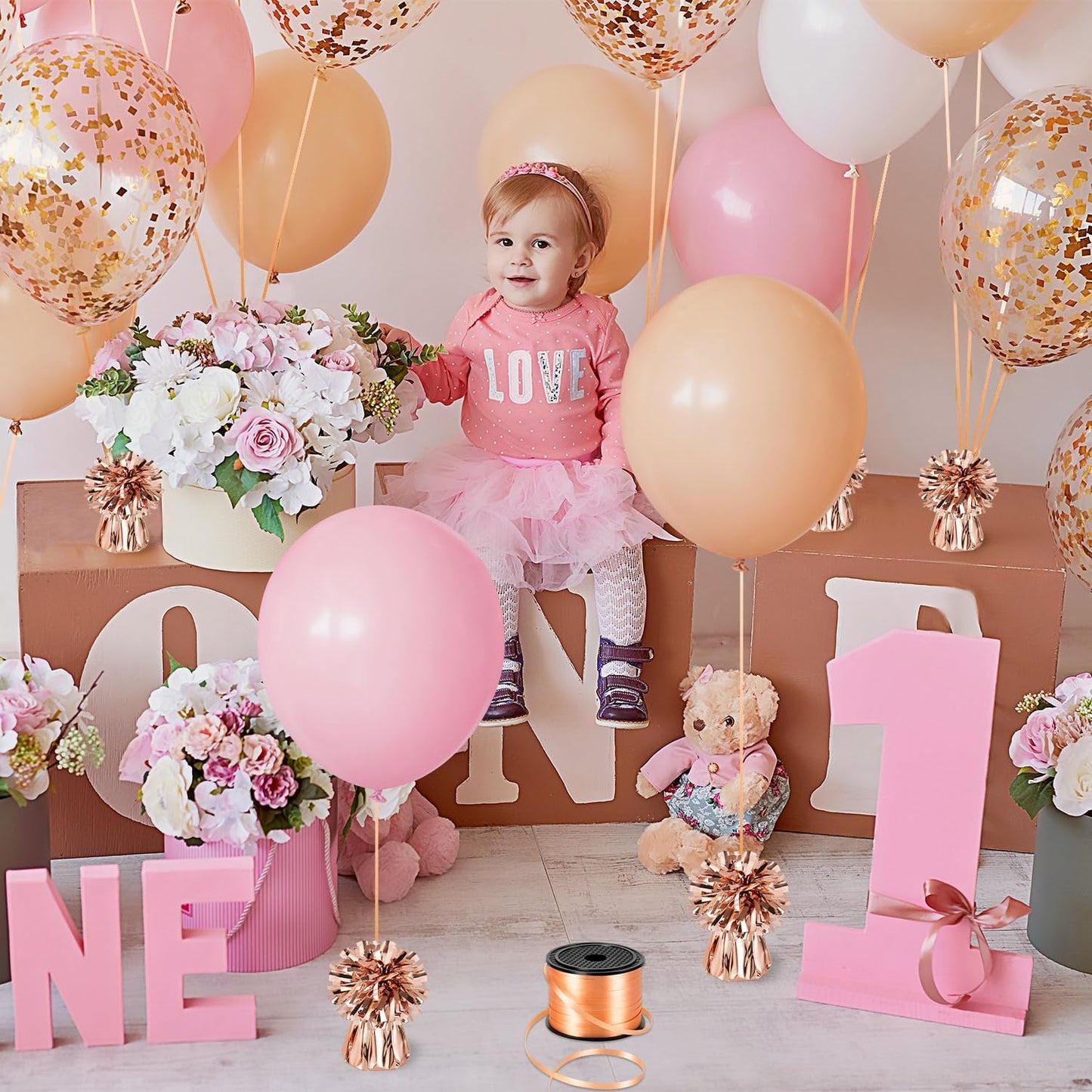 24 PCS Balloon Weights Metallic Anchor, Balloon Holder Heavy Weights with 1 Roll Rose Gold Crimped Ribbon for Balloons Table Party Favor Birthday Decor(Rose Gold)