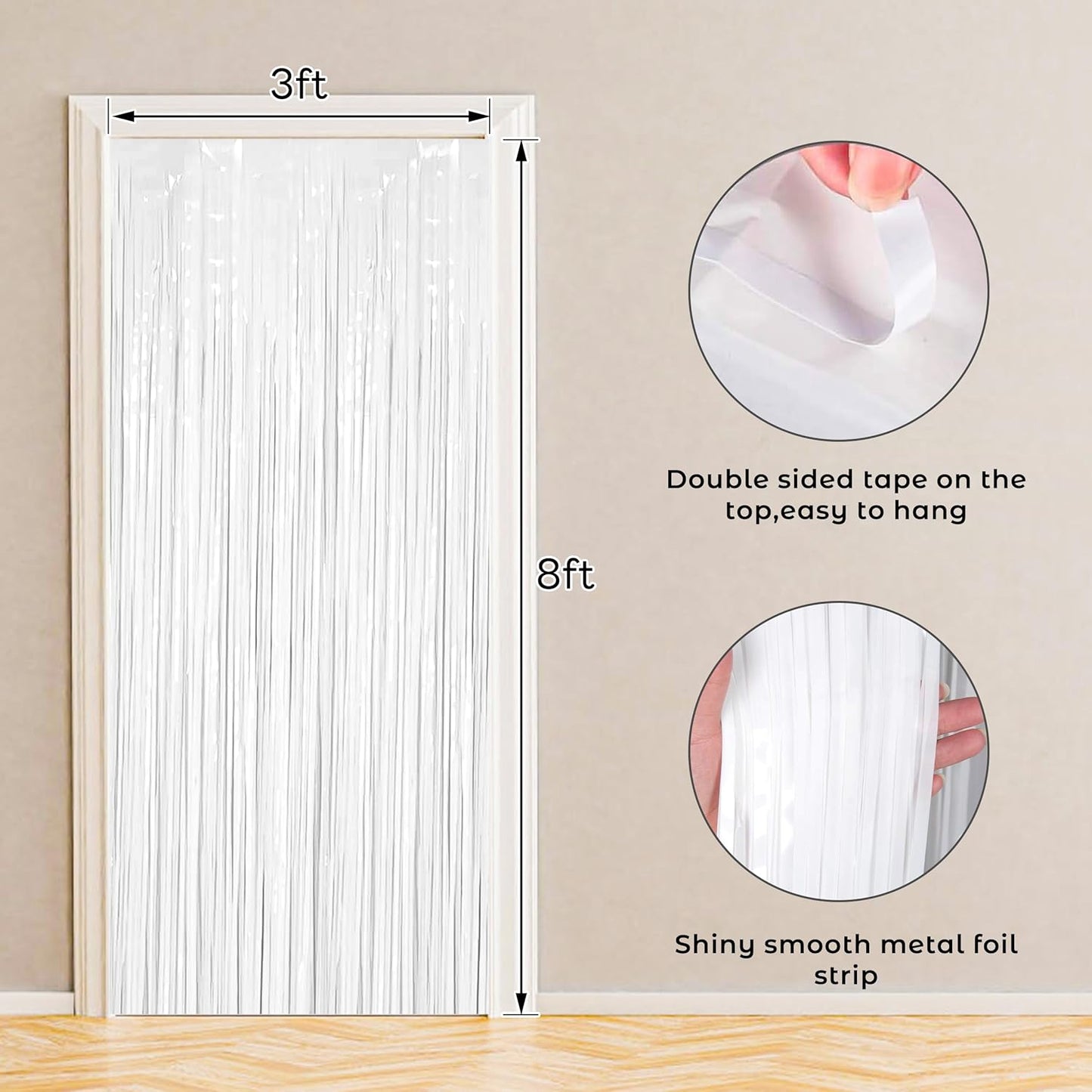 BTSD-home 4 Pack 3x 8ft White Foil Fringe Curtain Backdrop Party Streamers Decorations Metallic Photo Booth Tinsel Theme Bachelorette Graduation Wedding Birthday Bridal Shower Christmas Decor Supplies