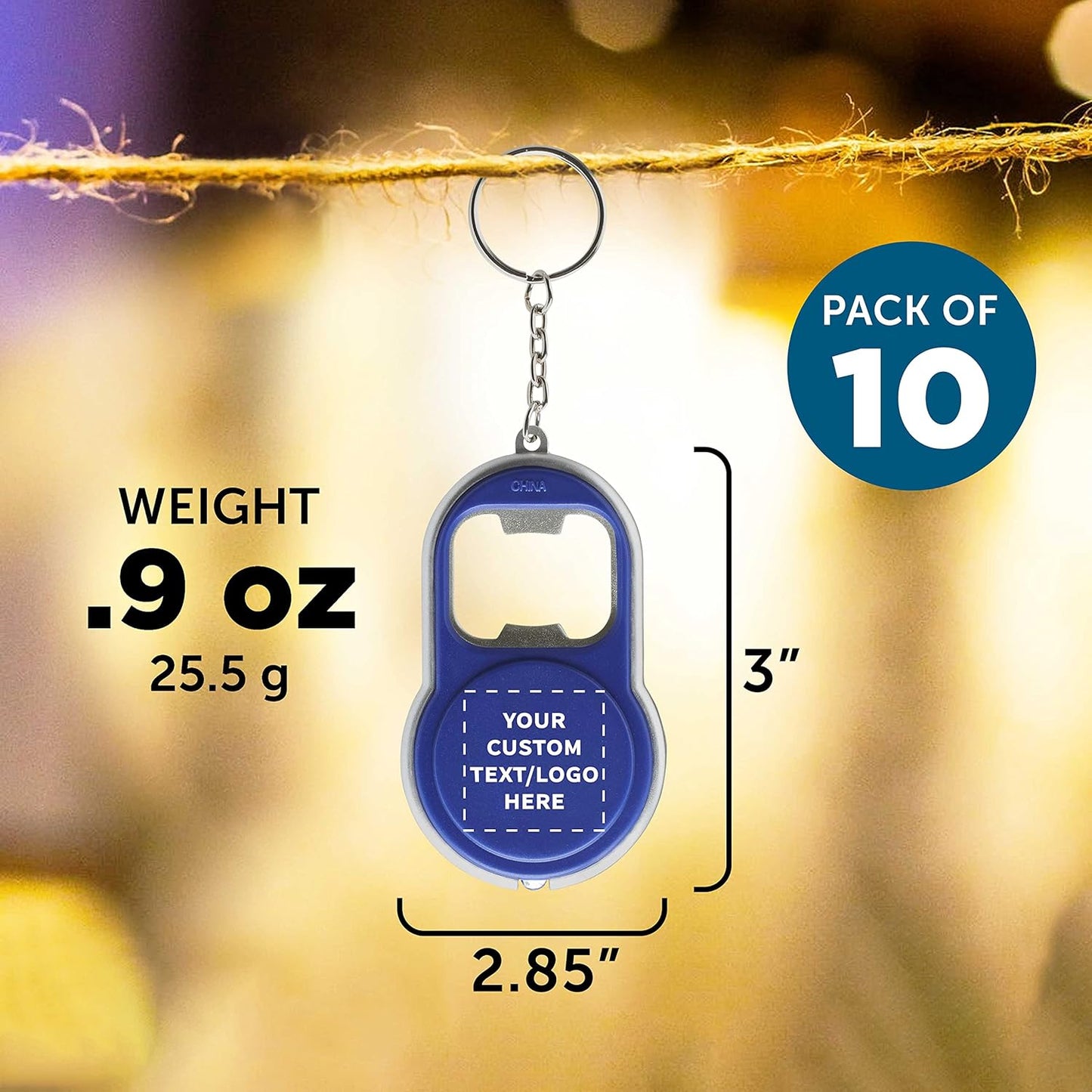 DISCOUNT PROMOS Custom Bottle Opener & LED Keychains Set of 10, Personalized Bulk Pack - Perfect for Tradeshows, Party Favors, Other Events - Blue