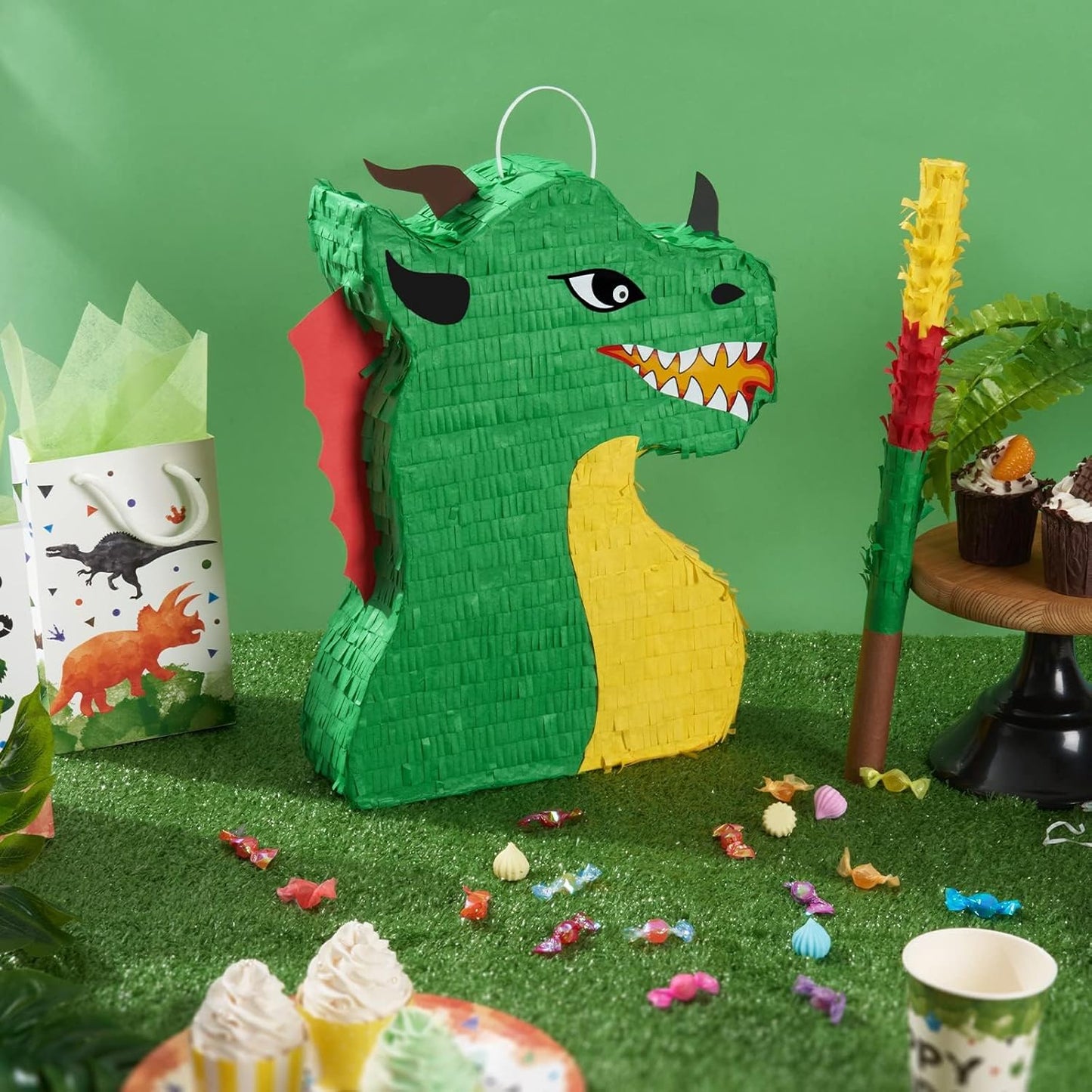 WERNNSAI Dragon Piñata - Dinosaur Party Supplies Dino Piñata Bundle with Blindfold and Stick for Boys Kids Dragon Theme Birthday Party Game Decorations (15.5" x 10" x 3")