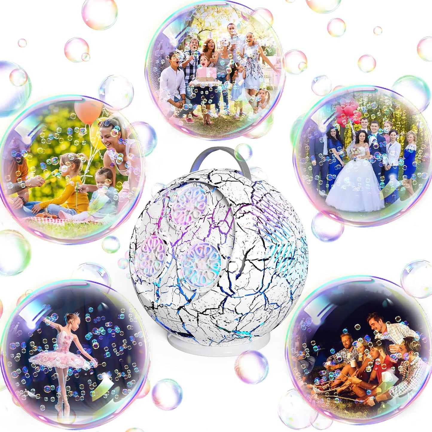 Bubble Machine Automatic Bubble Blower for Kids Toddlers Rechargeable Portable Spherical LED Bubble Maker Electric Auto Rotating 45°/360° Outdoor Toy Birthday Party Wedding (Spherical Crackle White)