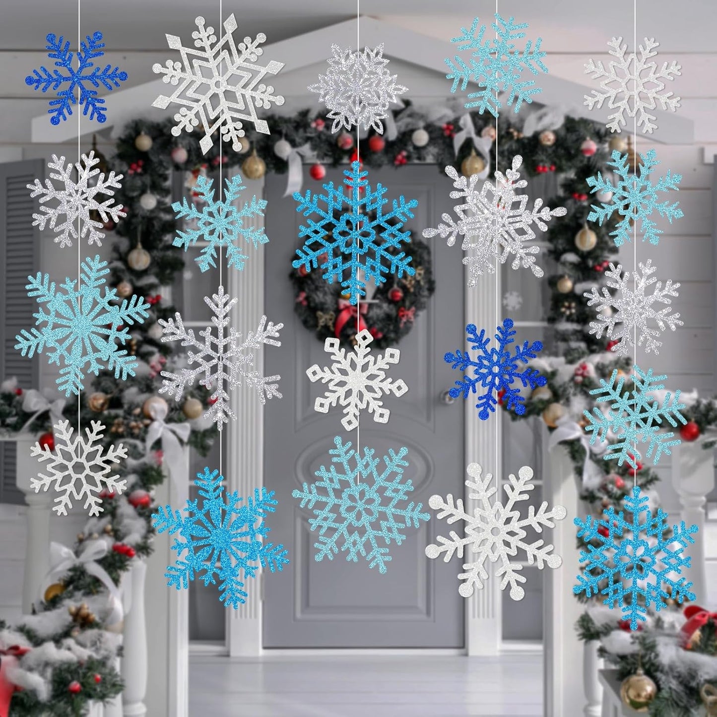 Winter Snowflake Cutouts - Glitter Paper Snowflake Decorations - 100Pcs Blue & Silver Double-Side Christmas Cutouts for Holiday Winter Wonderland Bulletin Board, Frozen Party Decor