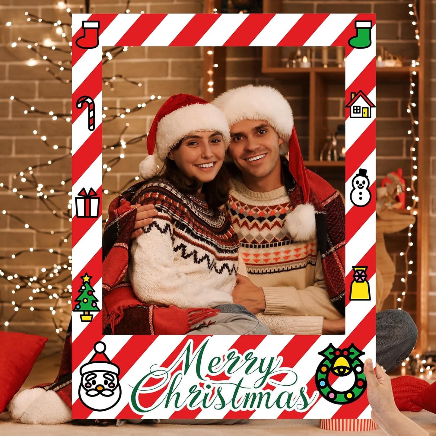 32 x 24 Inch Large Blank DIY Photo Booth Props Picture Frame Party Frame DIY Photo Booth Props Selfie for Halloween Christmas Birthday, Holiday Party (Stripe,Christmas)