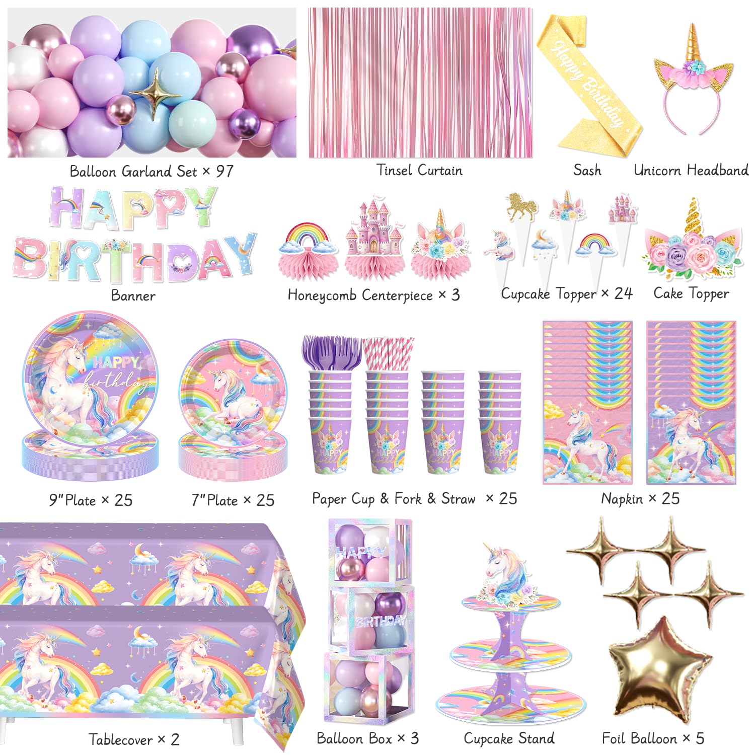 296pcs Unicorn Birthday Decorations for Girl, All-in-One, Set for 25 Guests