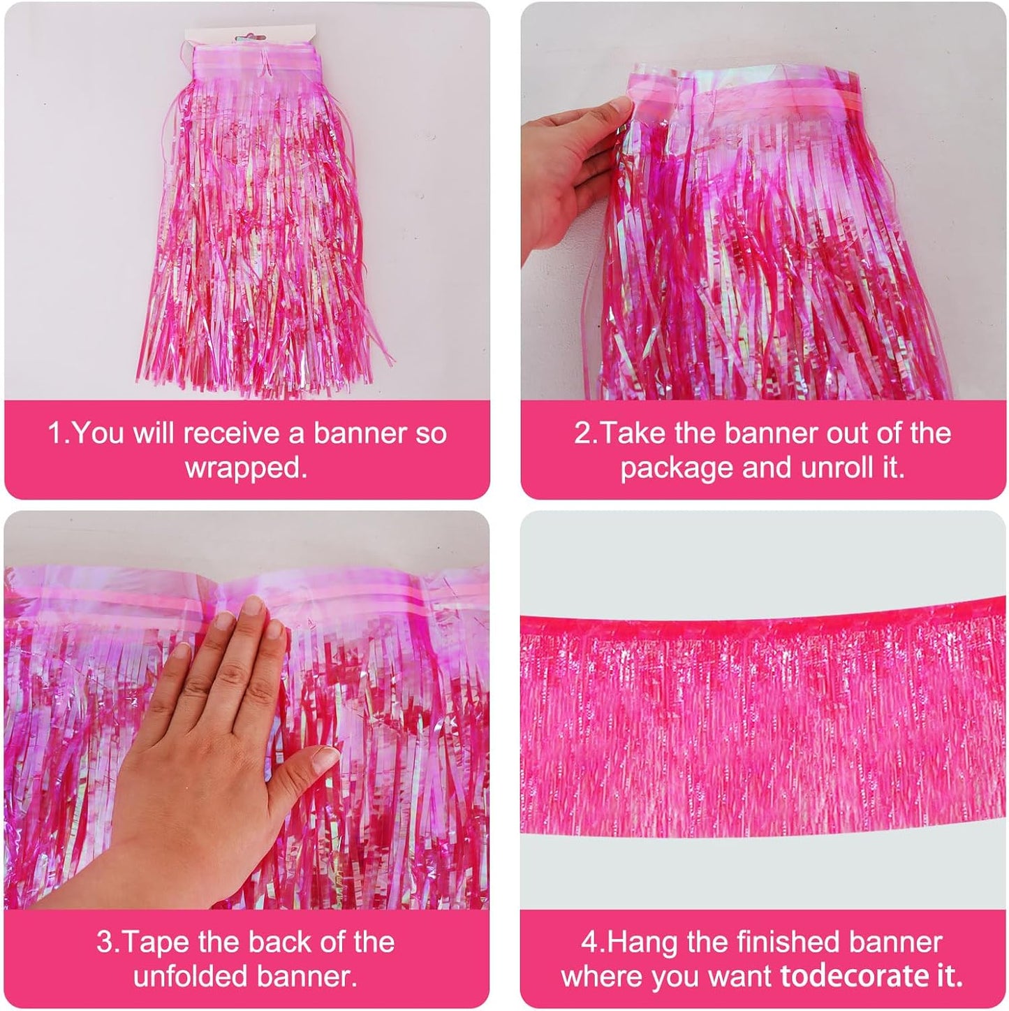 BEISHIDA 3 Packs Metallic Foil Fringe Garland Shining Dark Pink Wall Hanging Tinsel Fringe Banners for Car Floats Bridal Shower Wedding Birthday Easter Graduation Holiday Party Decoration(30 Feet)