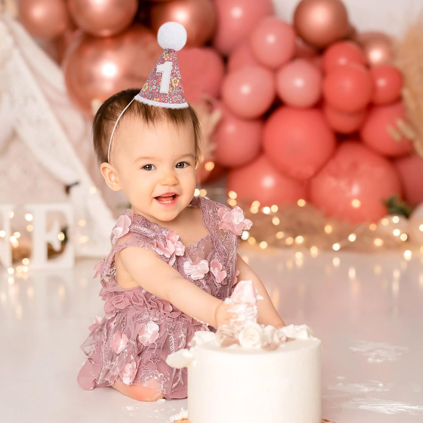 WAUAO Floral 1st Birthday Hat - Colorful Flower Cone Hat for Girls & Boys, First Birthday Crown, Party Photo Prop