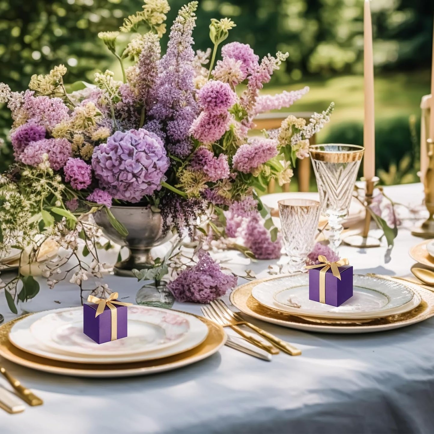 Jutom 100 Pcs Mini Favor Boxes Extra Small Candy Boxes Paper with Gold Ribbon for Christmas Thanksgiving Day Birthday Wedding Anniversary Supplies(2 x 2 x 2 Inch,Purple)