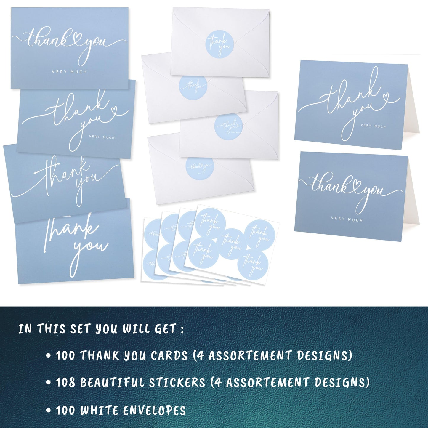 100 Bulk Light blue Thank You Cards with white Envelopes and stickers - 4 Minimalistic Designs