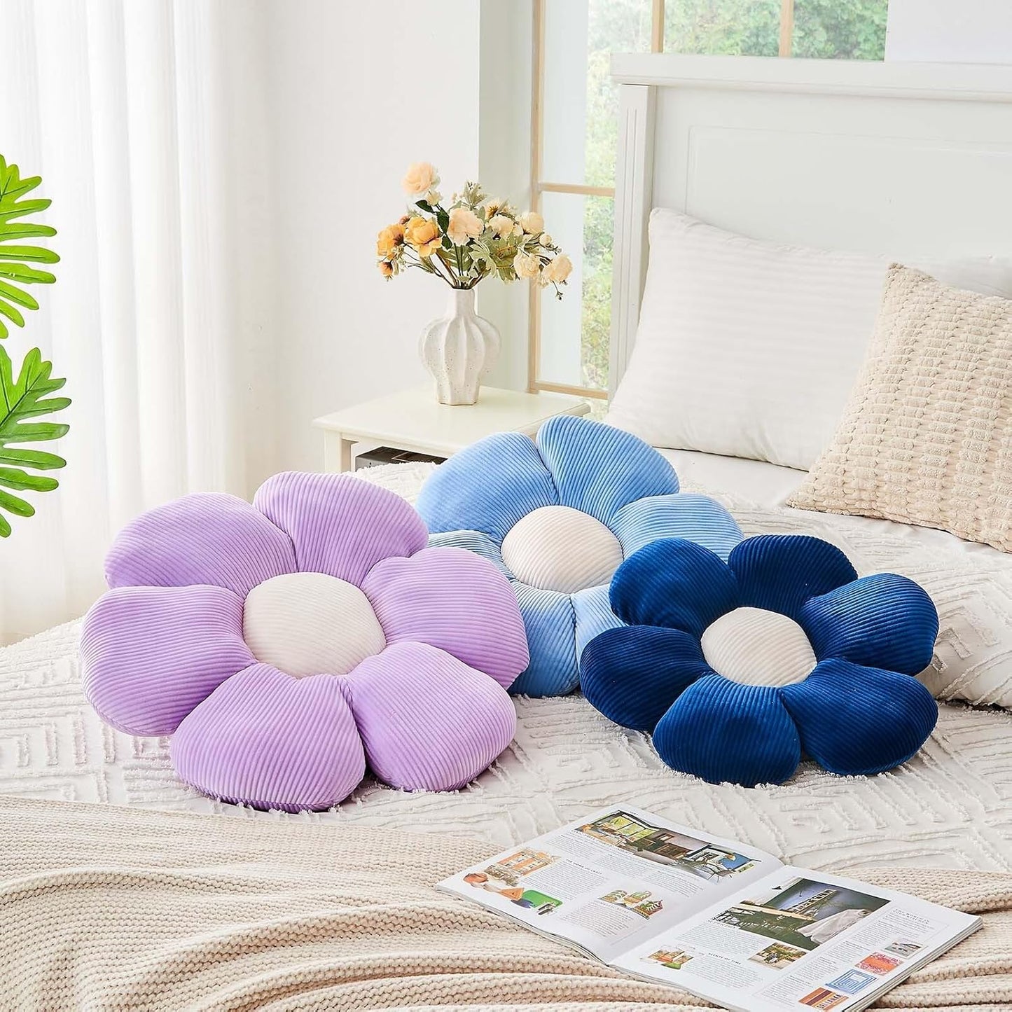 Navy Flower Pillow, 17.7" Cute Flower Shaped Floor Pillow, Aesthetic Floral Plush Daisy Decorative Throw Pillows for Bed Sofa Couch