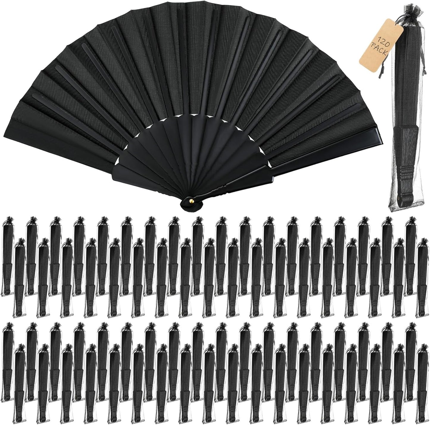 Wenqik 120 Pcs Wedding Folding Hand Fans Bulk Silk Fabric Chinese Handheld Foldable Clack Fans with Plastic Ribs for Party, Wedding Gifts, Line Dancing, Home Decorative (Black)