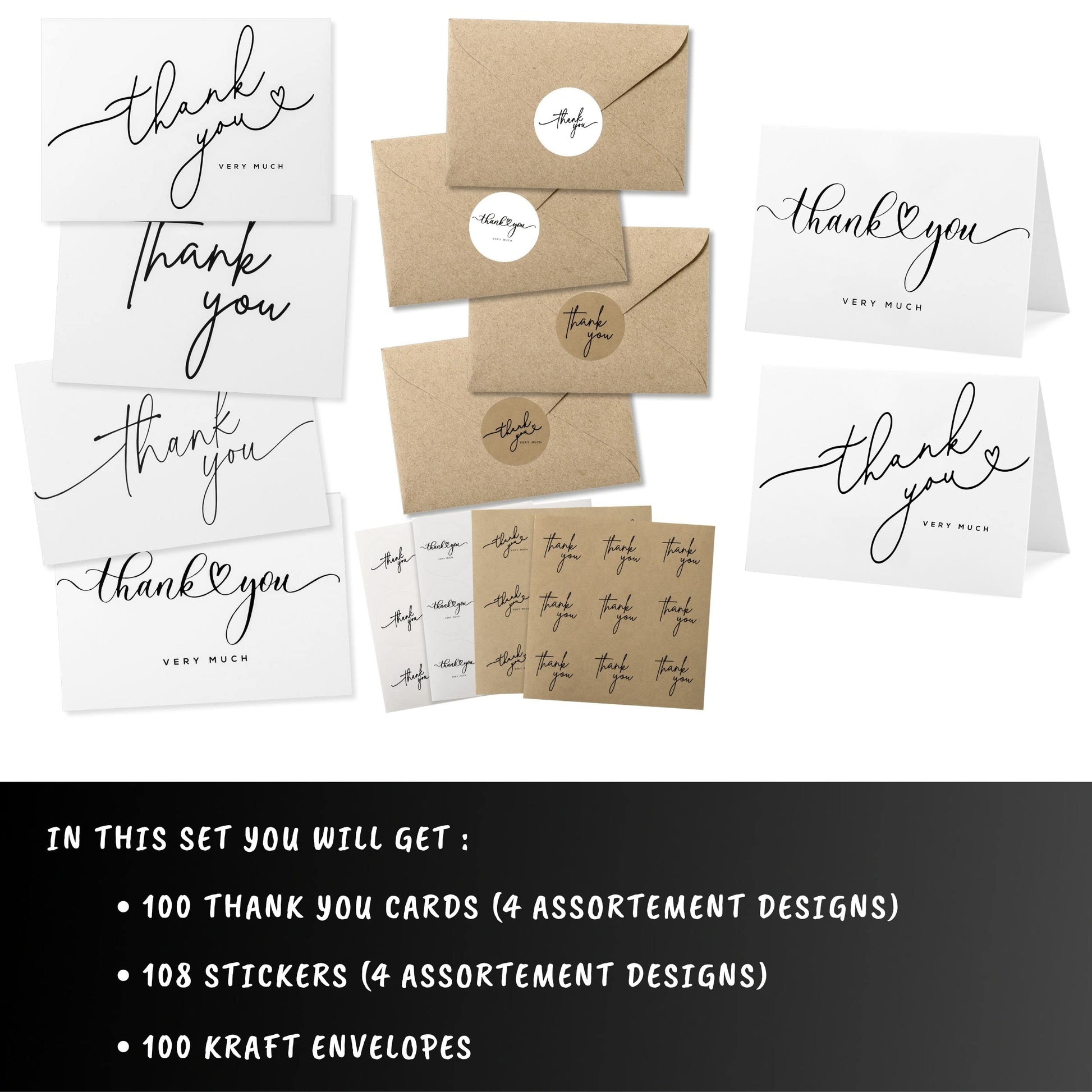 Layneria 100 Bulk Thank You Cards with Kraft Envelopes and stickers - 4 Minimalistic Designs Blank