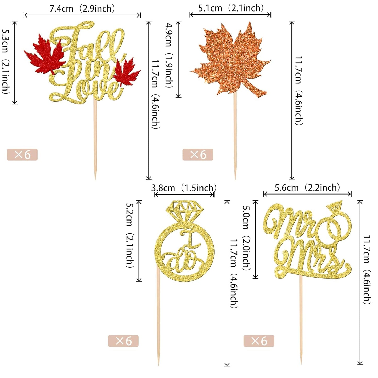 24 PCS Fall in Love Cupcake Toppers Glitter Maple Leaf Cupcake Picks Mr & Mrs Diamond I Do Cupcake Decorations for Autumn Wedding Engagement Bridal Shower Theme Party Cake Decorations Supplies