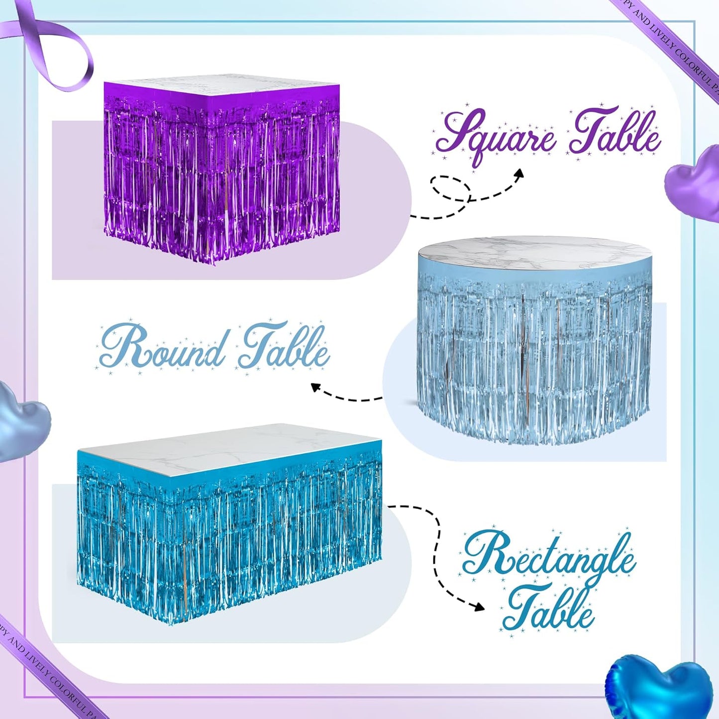 4 Pack Blue Purple Series Table Skirts, 29x108" Metallic Foil Tinsel Fringe Table Skirt for Rectangle Tables Streamer Curtains Backdrop, Party Decorations for Birthdays, Weddings, Holidays