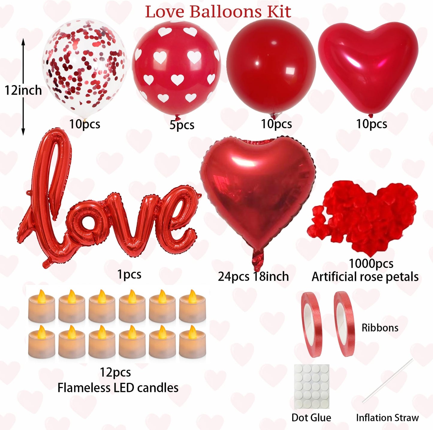 Valentine’s Day Decorations Set – Red Heart Balloon Kit with LOVE Foil, LED Candle Lights & Rose