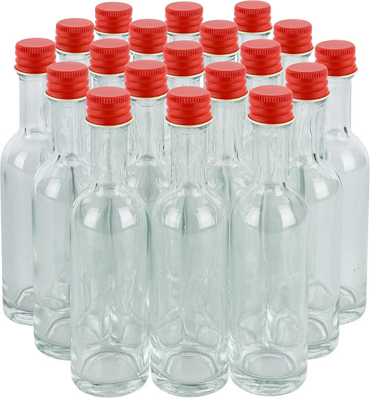 50 ml Mini Glass Bottles With Aluminum Lids and Heat Shrinks, 24 Pack (Red Caps) for Liquor Sauce Beverage Sample Party Favor Ginger Wellness Shots