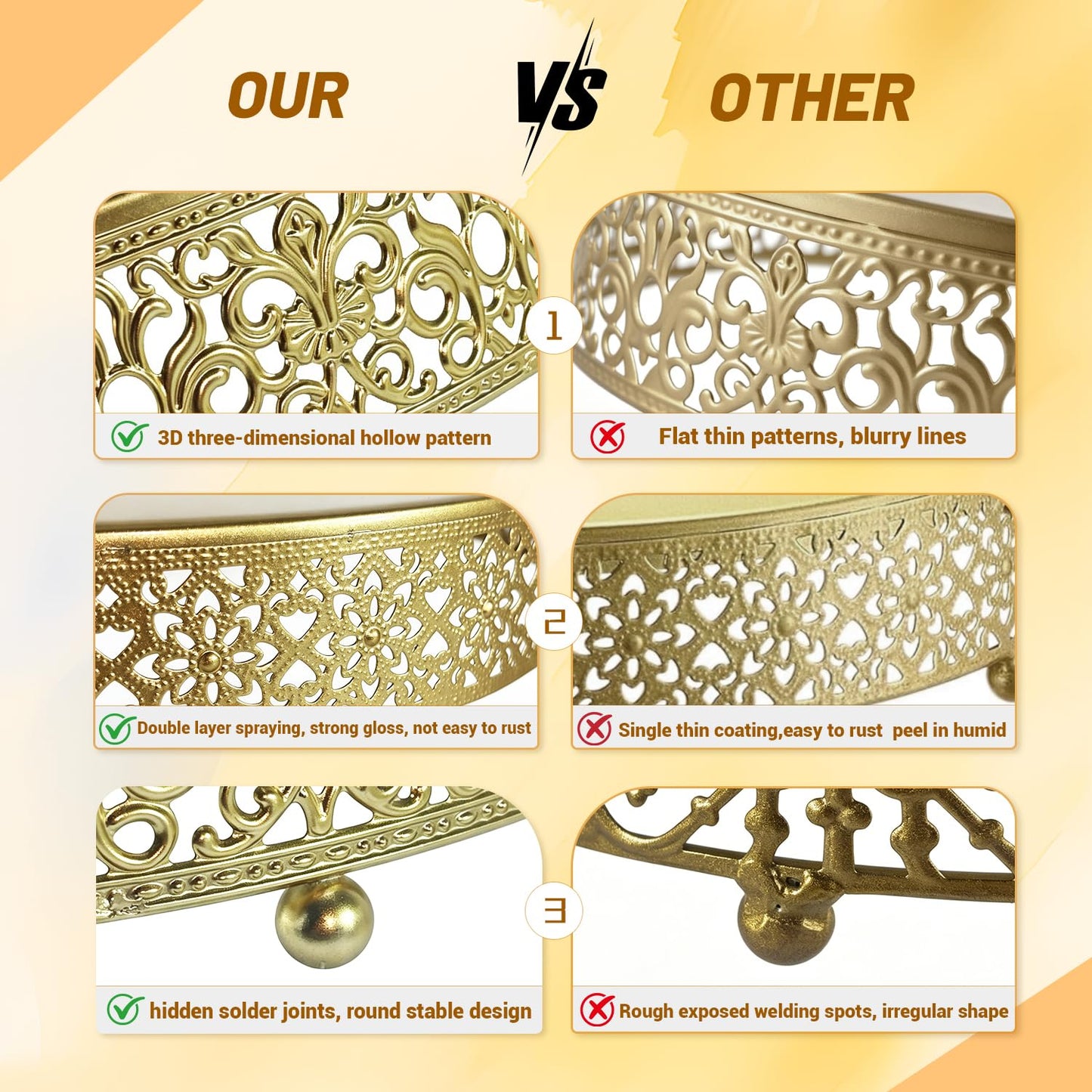 FEICTPOX 12 Inch Luxury Light Gold Cake Stand, Round Metal Dessert Display with Ornate Filigree