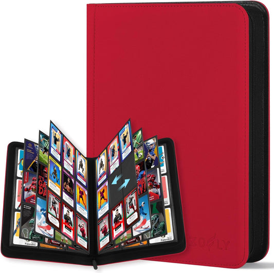 9 Pocket Trading Card Zip Binder, 540 Cards, Premium Baseball Card Storage Album, 30 Side-Loading Pages, Folder for Collectible Games, Sports, TCG, Red