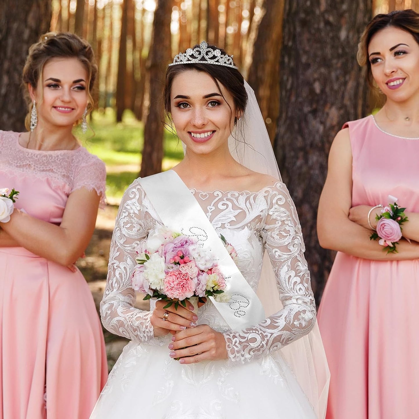 3PCS Bride Decorations Set – Satin Bride Sash, White Veil with Embroidered Letters, Silver Tiara Headband– Elegant Bridal Accessories for Wedding, Bachelorette Party