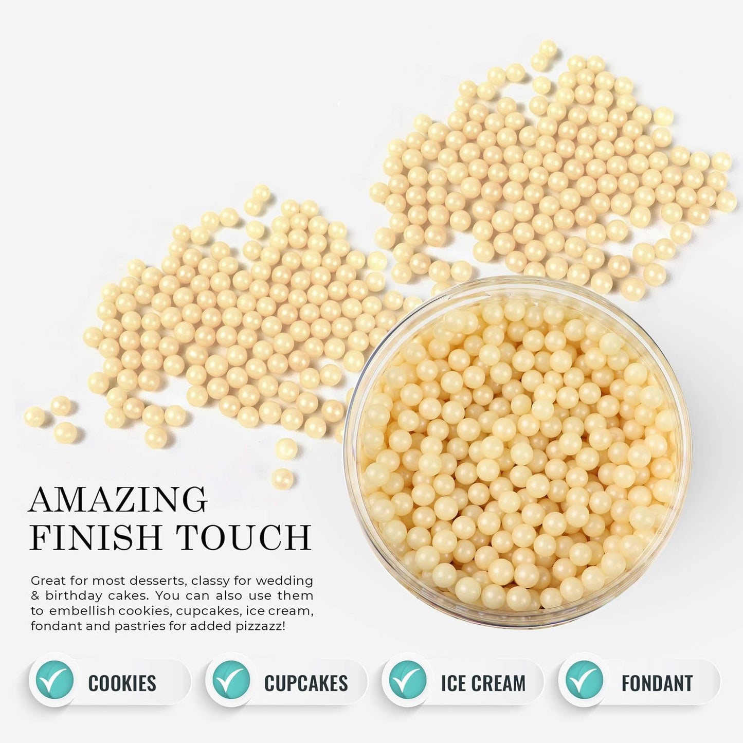 O'Creme Ivory Edible Sugar Pearls Cake Decorating Supplies for Bakers: Cookie, Cupcake & Icing Toppings, Beads Sprinkles For Baking, Certified, Candy Sugar Ball Accents (8mm, 16 Oz)